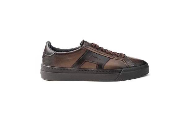 SANTONI BROWN LEATHER DOUBLE BUCKLE SNEAKER