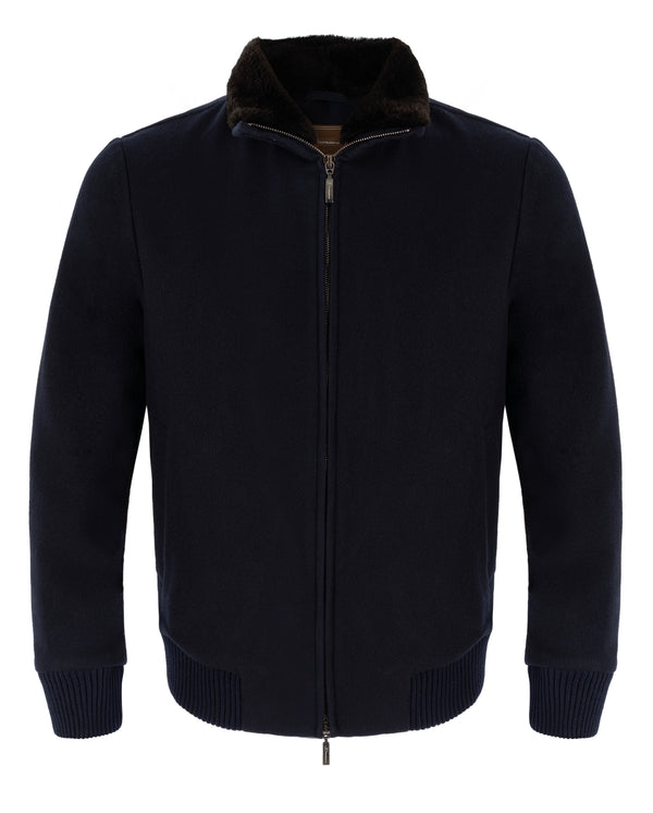 DORIANI NAVY WOOL OUTERWEAR WITH FUR COLLAR