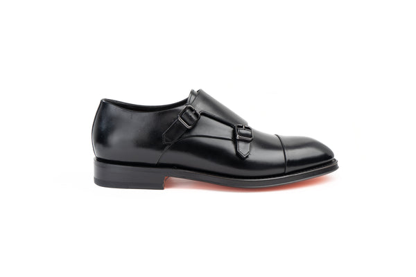 SANTONI  BLACK LEATHER DOUBLE-BUCKLE SHOE