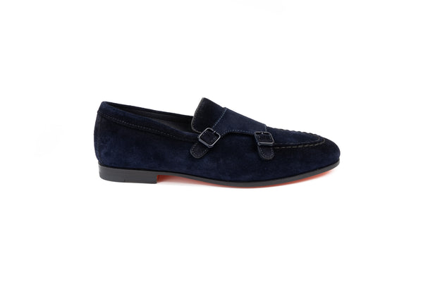 SANTONI NAVY SUEDE DOUBLE-BUCKLE LOAFERS