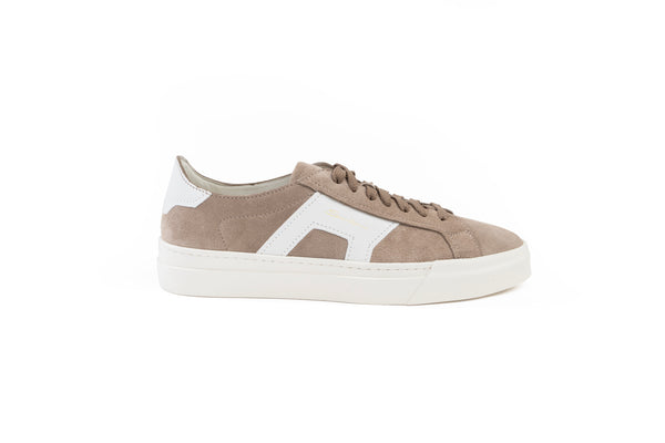 SANTONI BEIGE AND WHITE SUEDE AND LEATHER DOUBLE BUCKLE SNEAKER