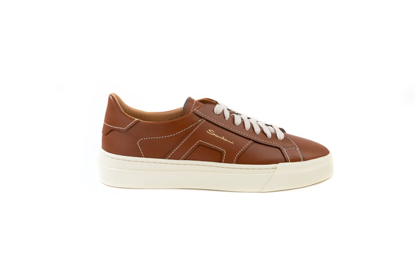 SANTONI CAMEL LEATHER DOUBLE BUCKLE SNEAKER